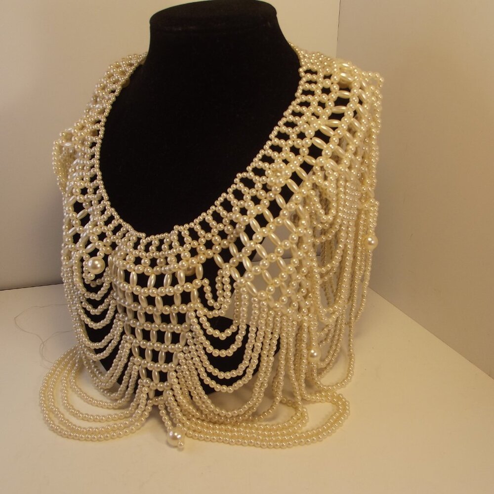 Pearl Necklace - Elaborate Victorian Costume Beaded Collar Faux Pearl Necklace